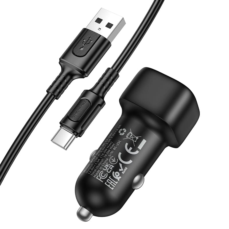 фото Автомобильное зарядное устройство + кабель Type-C USB Borofone BZ34 USB QC3.0 18W 1м черный