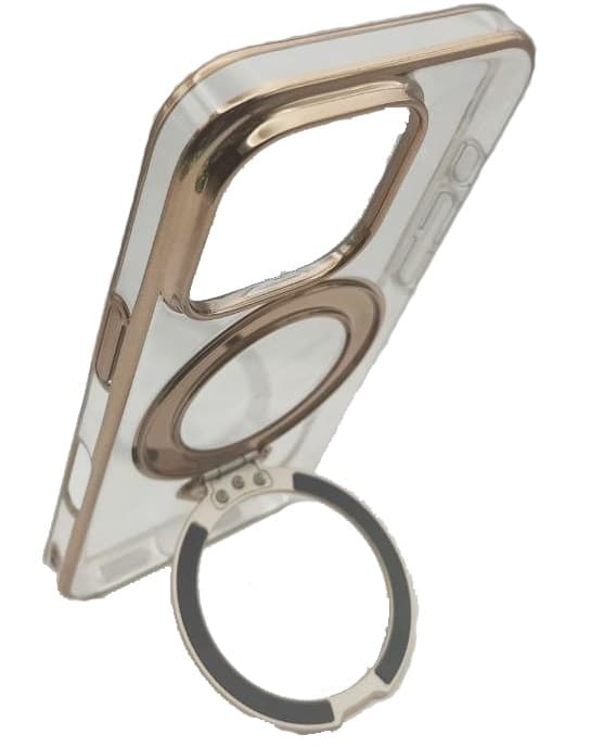 фото Чехол накладка для iphone 16 (6.1) SULADA Ring силикон+пластик прозрачный с золотым бампером с магнитом и кольцом держателем