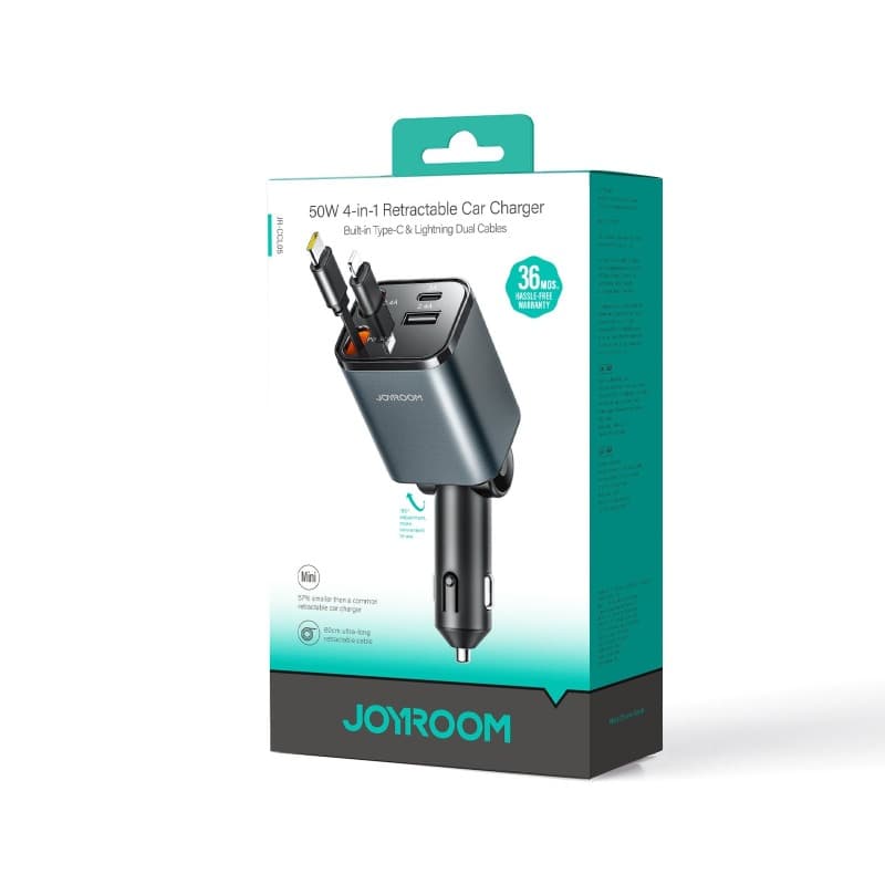 фото Автомобильное зарядное устройство Joyroom JR-CCL05 50W 4в1 PD 3.0+USB 2.4A + выдвижной кабель Type-C USB-C / Lightning темно-серое 