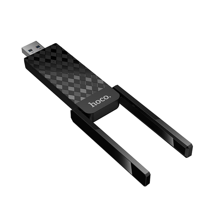 USB адаптер Wi-Fi6 HOCO HI34 с внешней двойной антеной черный (2.4G+5G 2.4ГГц до 286Мбит/с)
