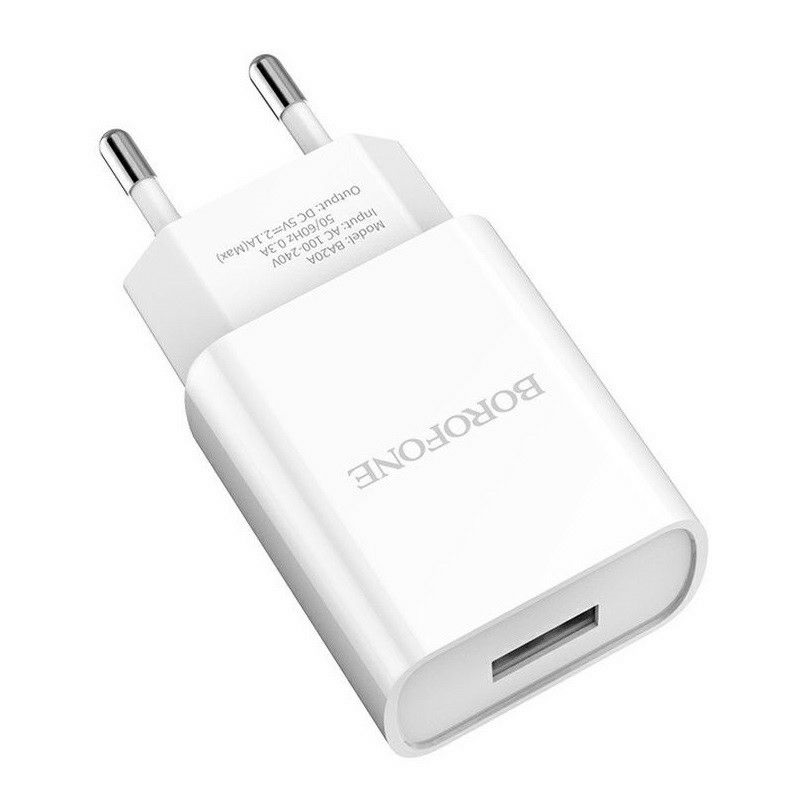 фото Сетевое зарядное устройство + кабель для iphone Lightning Borofone BA20A 1USB 2.1A белый