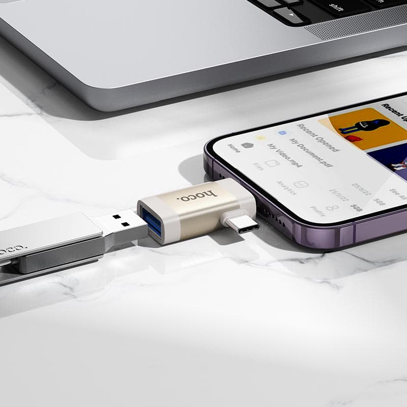Адаптер переходник OTG 2в1 с Lightning (M)/Type-C USB (M) на USB 2.0 (F) Hoco UA31F черный