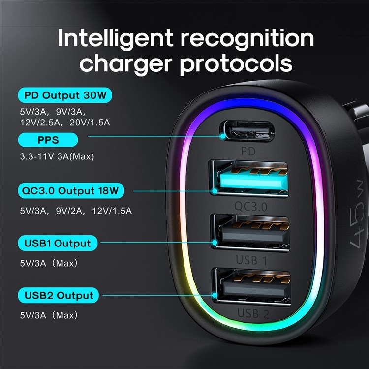 Изображение Автомобильное зарядное устройство Joyroom JR-CL09 PD 45W+QC3.0+2USB 3A / Type-C USB-C+3USB черное фото Автомобильное зарядное устройство Joyroom JR-CL09 PD 45W+QC3.0+2USB 3A / Type-C USB-C+3USB черное