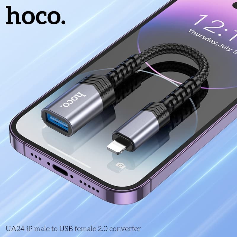 Адаптер переходник OTG с Lightning на USB 2.0 Hoco UA24 серый металл