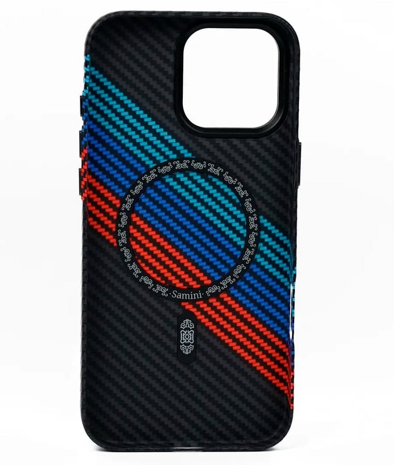 фото Чехол накладка для iphone 15 Pro Max (6.7) карбон пластик с магнитом для magsafe черный с полосами