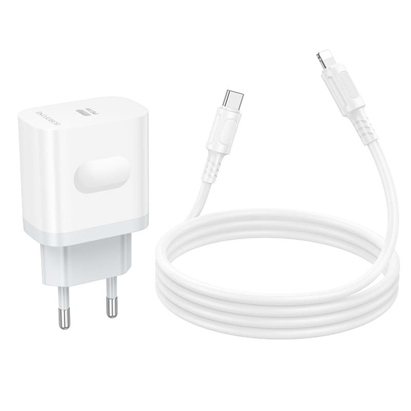 фото Сетевое зарядное устройство + кабель для iphone Lightning to Type-C Borofone BA99A PD 20W 1м белый