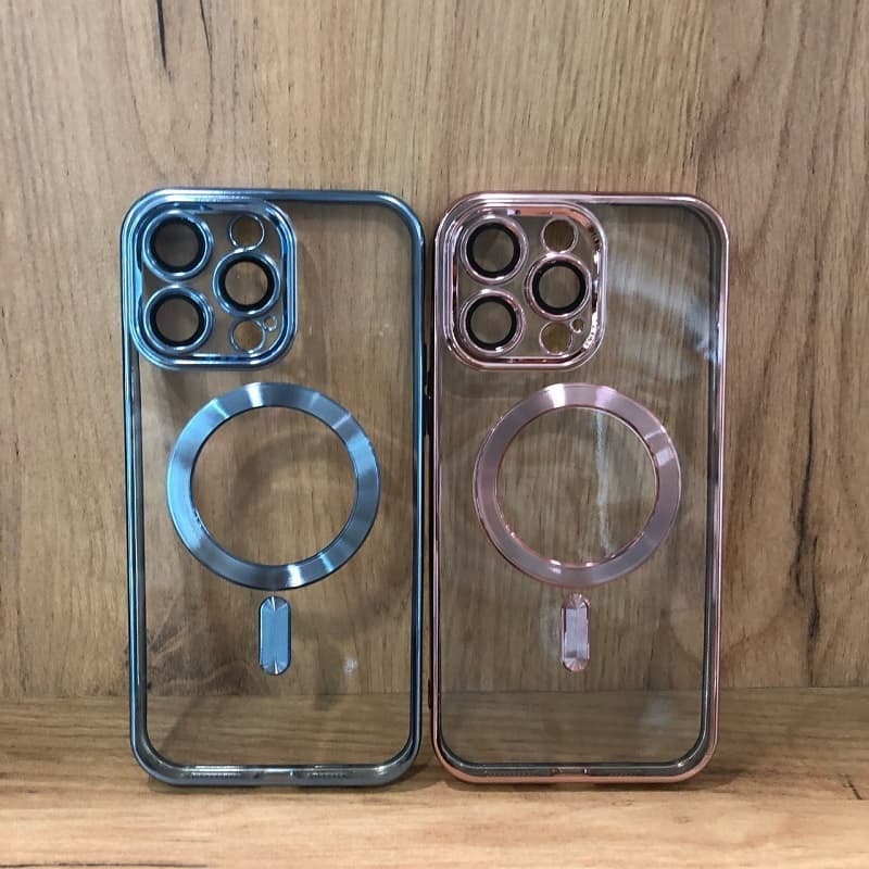 фото Чехол накладка для iphone 15 Pro Max (6.7) силикон с магнитом для magsafe и защитой камеры прозрачная с черным бампером