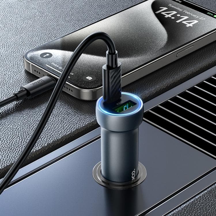 Изображение Автомобильное зарядное устройство + кабель Type-C to Type-C HOCO Z54A 48W PD 30W+QC3.0 3A 1м серый металл фото Автомобильное зарядное устройство + кабель Type-C to Type-C HOCO Z54A 48W PD 30W+QC3.0 3A 1м серый металл