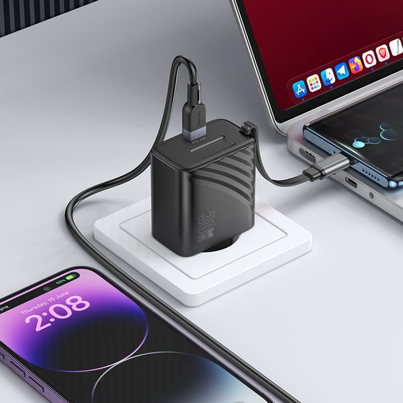 Изображение Сетевое зарядное устройство + выдвижной кабель Type-C HOCO N58 PD 30W черный фото Сетевое зарядное устройство + выдвижной кабель Type-C HOCO N58 PD 30W черный