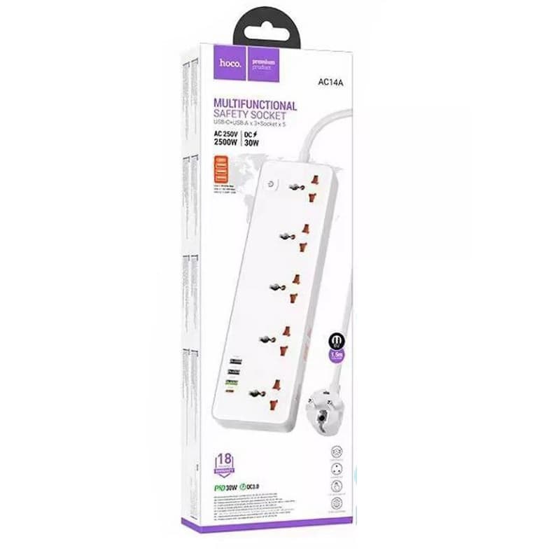 Сетевой фильтр HOCO AC14A 5 гнезд + PD 30W + 3USB 1.5м 2500W белый Сетевой фильтр HOCO AC14A 5 гнезд + PD 30W + 3USB 1.5м 2500W белый