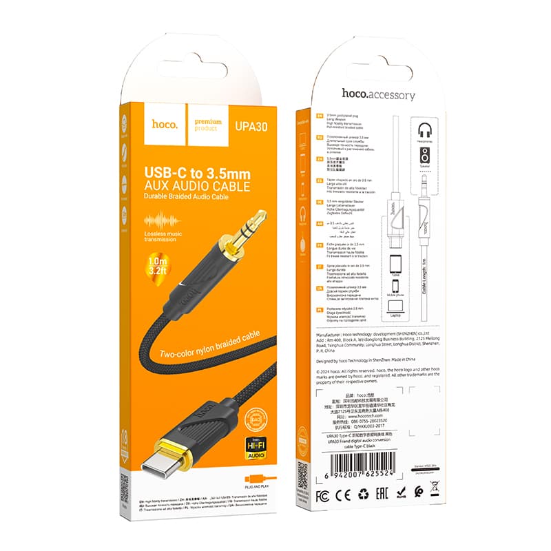 Кабель Aux Jack 3.5 - Type-C USB-C HOCO UPA30 1м плетеный черный Кабель Aux Jack 3.5 - Type-C USB-C HOCO UPA30 1м плетеный черный