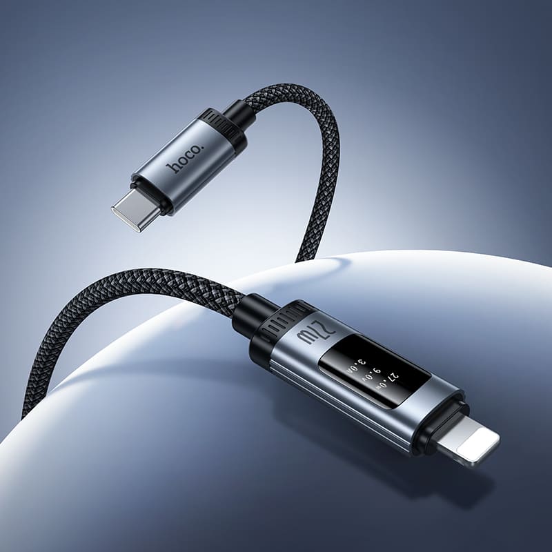 Кабель для зарядки iP Lightning to Type-C HOCO U148 PD 27W 1.2м с дисплеем в оплетке черный