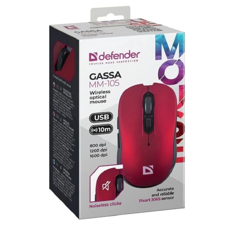 Мышь беспроводная DEFENDER Gassa MM-105 красный, 6D, 800-1200-1600 dpi Мышь беспроводная DEFENDER Gassa MM-105 красный, 6D, 800-1200-1600 dpi