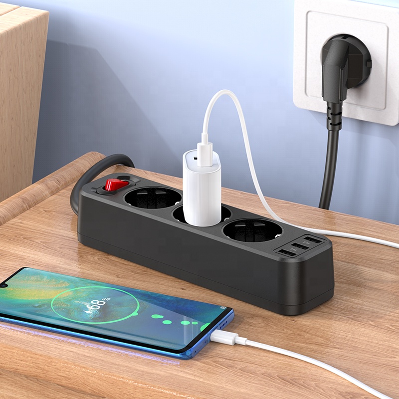 Сетевой фильтр HOCO NS2 3 гнезда + 3USB 1.8м 4000W черный