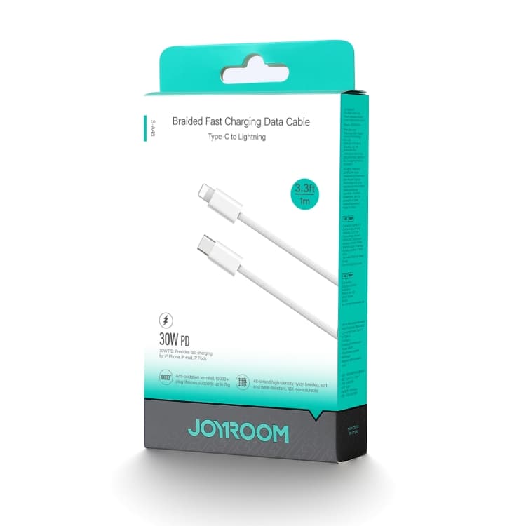 Кабель для зарядки iP Lightning to Type-C Joyroom S-A45 PD 30W 1м в нейлоновой оплетке белый Кабель для зарядки iP Lightning to Type-C Joyroom S-A45 PD 30W 1м в нейлоновой оплетке белый