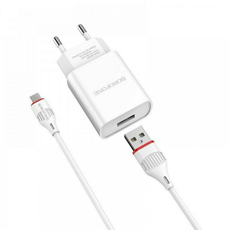 фото Сетевое зарядное устройство + кабель Type-C Borofone BA20A 1USB 2.1A белый