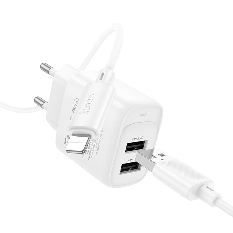 фото Сетевое зарядное устройство + кабель для iphone Lightning HOCO C141A 2USB 2.1A 1м белый