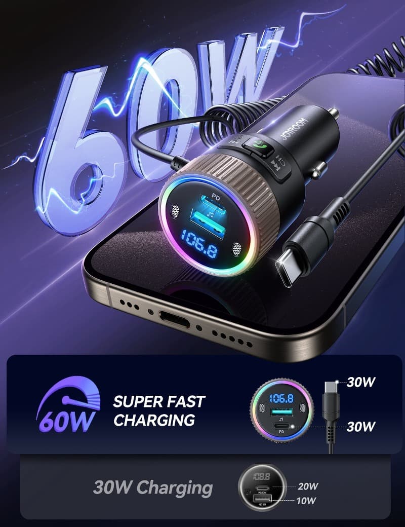 фото FM трансмиттер bluetooth модулятор Joyroom JR-CCB02 PD3.0 60W с кабелем Type-C 1.5м черный 