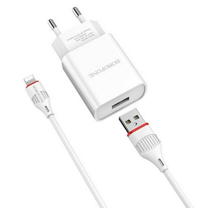фото Сетевое зарядное устройство + кабель для iphone Lightning Borofone BA20A 1USB 2.1A белый