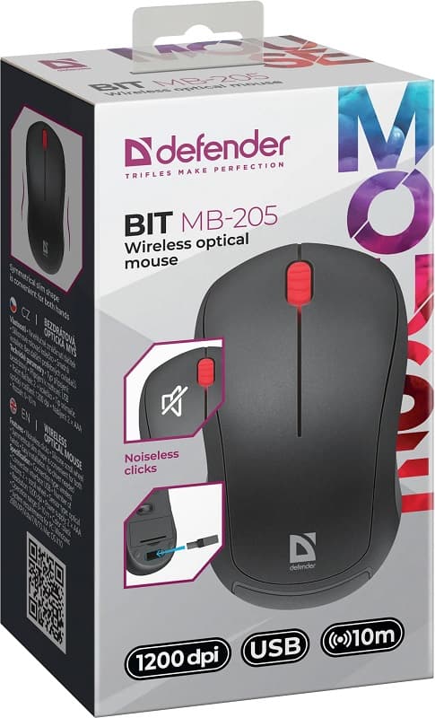 Мышь беспроводная DEFENDER Bit MB-205 черная,3D,1200 dpi 1.8м бесшумная