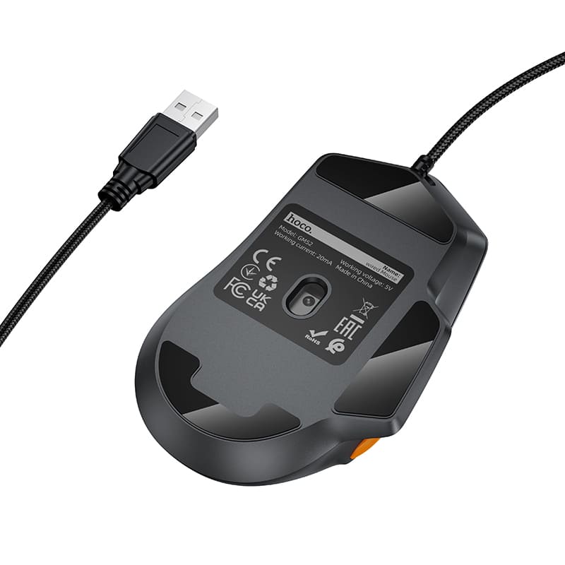 Мышь проводная игровая Hoco GM52 Gaming 1.6м черно-серая с RGB подсветкой 12800 dpi