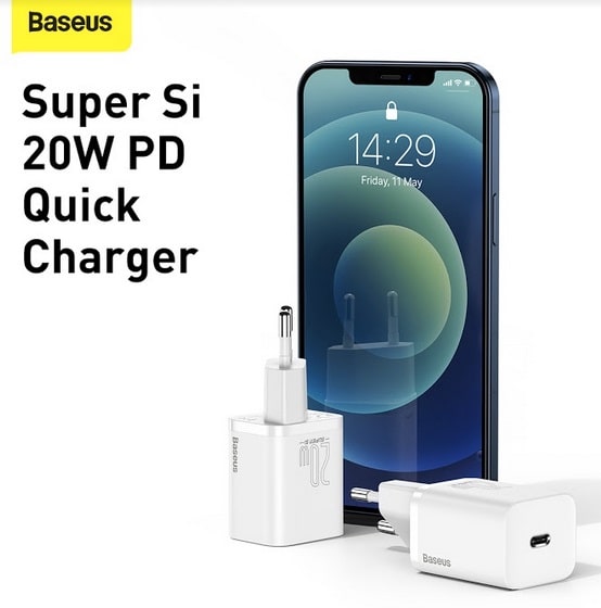 фото Сетевое зарядное устройство + кабель для iphone Lightning to Type-C Baseus Super Si Quick 1C 20W белый TZCCSUP-B02