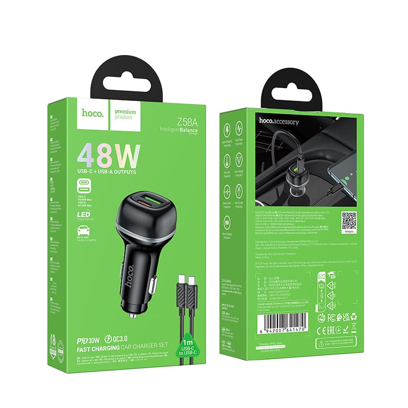 Изображение Автомобильное зарядное устройство + кабель Type-C to Type-C HOCO Z58A 48W PD 30W+QC3.0 3A 1м черный фото Автомобильное зарядное устройство + кабель Type-C to Type-C HOCO Z58A 48W PD 30W+QC3.0 3A 1м черный