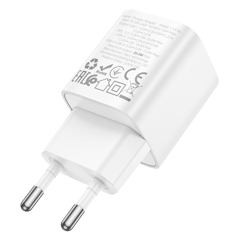 фото Сетевое зарядное устройство Адаптер Блок питания HOCO C147A PD 20W+QC3.0 / Type-C USB-C+USB белое