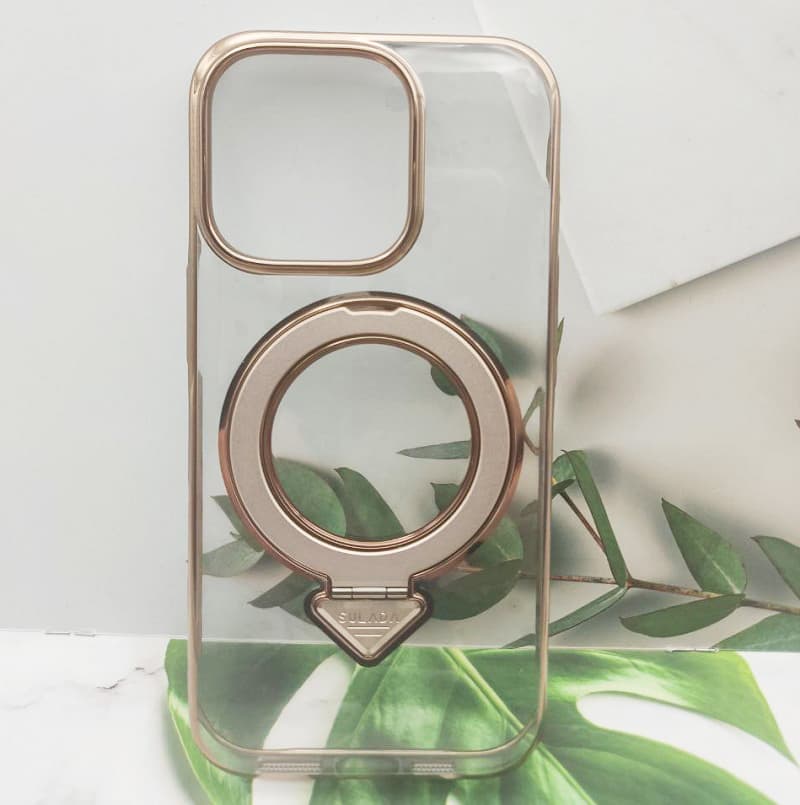 фото Чехол накладка для iphone 15 Pro Max (6.7) SULADA Ring силикон+пластик прозрачный с золотым бампером с магнитом для magsafe и кольцом держателем