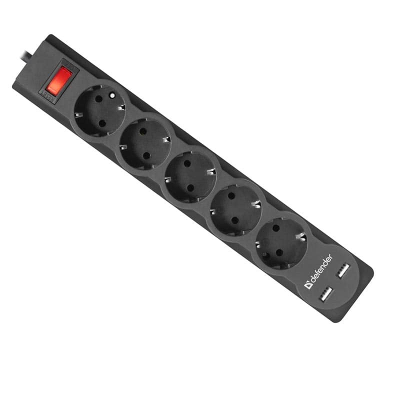 Сетевой фильтр DEFENDER DFS 751 5 гнезд 1.8м 2USB 2.1A с выключателем черный Сетевой фильтр DEFENDER DFS 751 5 гнезд 1.8м 2USB 2.1A с выключателем черный