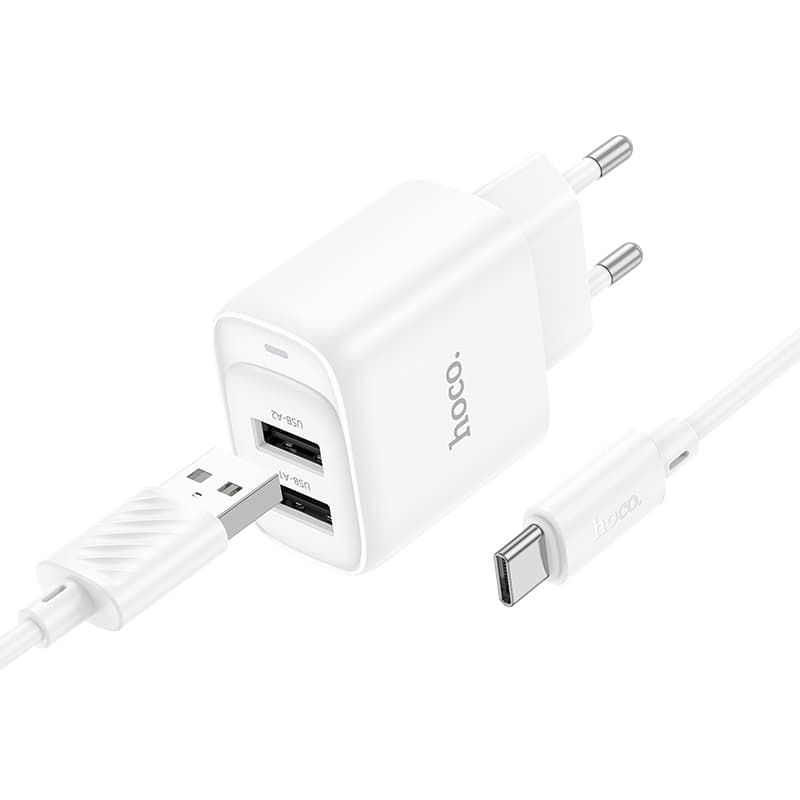 Изображение Сетевое зарядное устройство + кабель Type-C HOCO C141A 2USB 2.1A 1м белый фото Сетевое зарядное устройство + кабель Type-C HOCO C141A 2USB 2.1A 1м белый