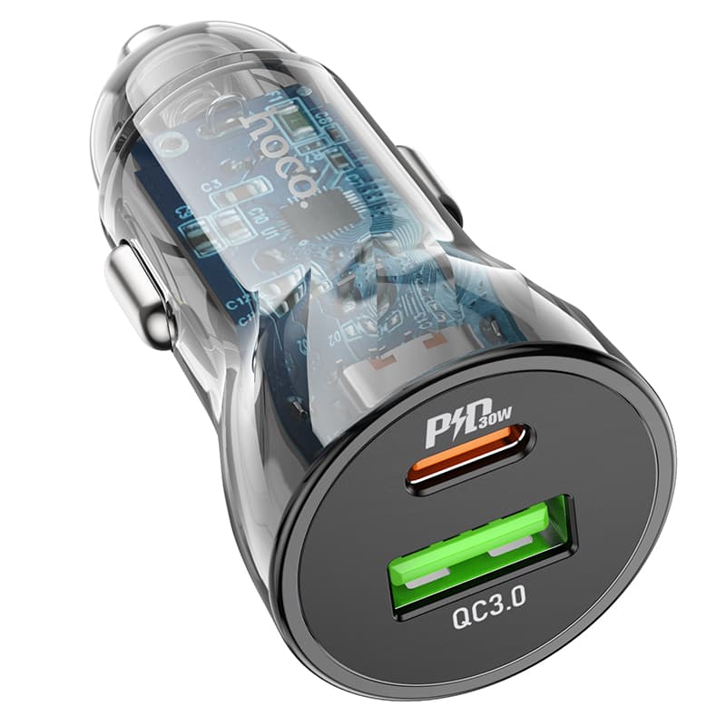 фото Автомобильное зарядное устройство + кабель Type-C to iphone lightning 8 pin HOCO Z47A PD 30W+QC3.0 1м прозрачный черный