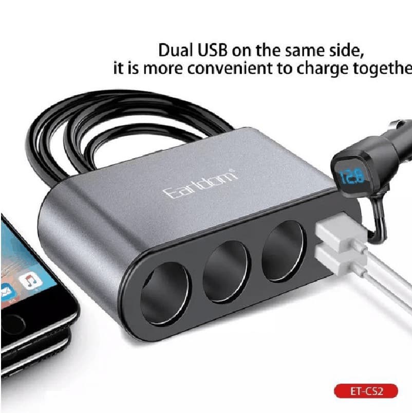 фото Разветвитель  ET-CS2 LED 3 прикуривателя + 2USB 2,1A черный с дисплеем