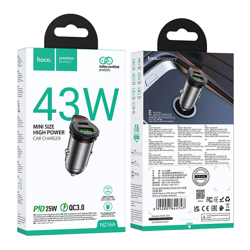 фото Автомобильное зарядное устройство HOCO NZ16A 43W PD 25W+QC3.0 / Type-C USB-C+USB серый металл