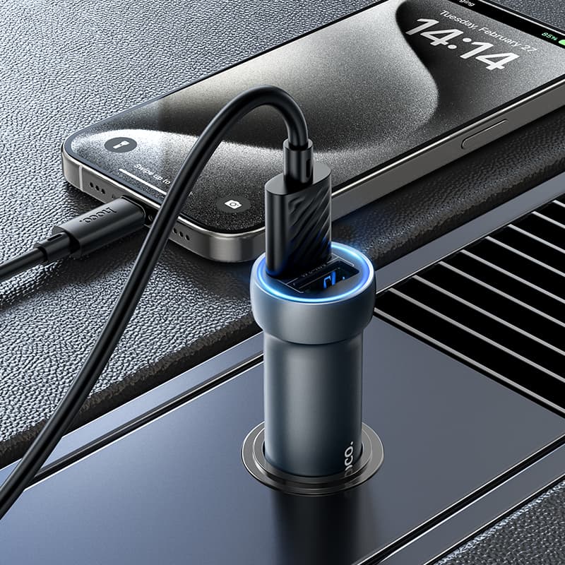 фото Автомобильное зарядное устройство + кабель Type-C USB HOCO Z54 2USB 15.5W 2,4A серый металл