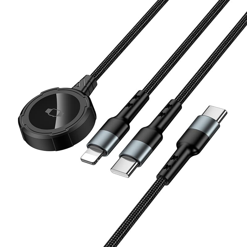 Кабель для зарядки 3 в 1 Lightning 2.4A/Type-C 2A/iWatch 2.5W HOCO CW64 1.2м в тканевой оплетке черный