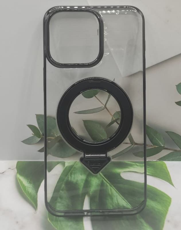 фото Чехол накладка для iphone 15 Pro Max (6.7) SULADA Ring силикон+пластик прозрачный с черным бампером с магнитом для magsafe и кольцом держателем