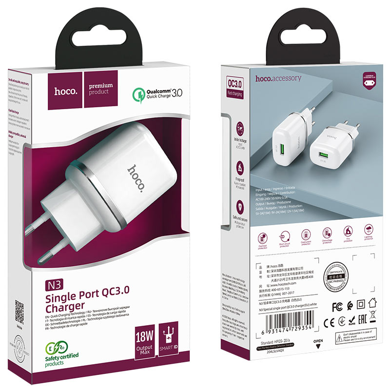 фото Сетевое зарядное устройство Адаптер Блок питания HOCO N3 USB QC3.0 18W белое