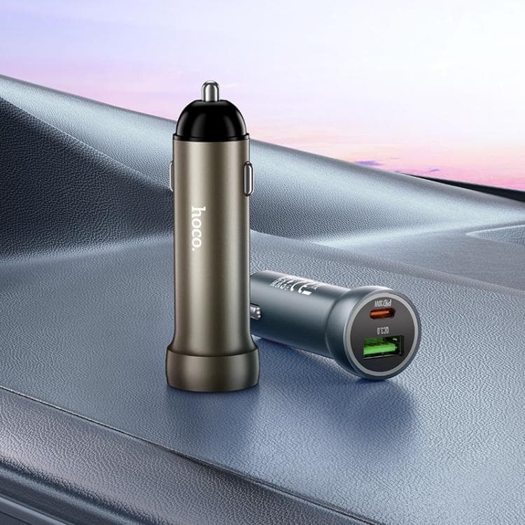 Изображение Автомобильное зарядное устройство + кабель Type-C to Type-C HOCO Z54A 48W PD 30W+QC3.0 3A 1м серый металл фото Автомобильное зарядное устройство + кабель Type-C to Type-C HOCO Z54A 48W PD 30W+QC3.0 3A 1м серый металл