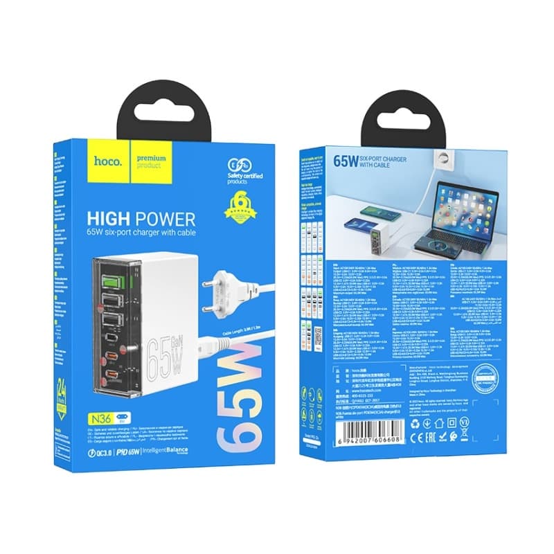 фото Сетевое зарядное устройство Адаптер Блок питания HOCO N36 3USB+3Type-C USB-C / QC3.0+PD 65W белое
