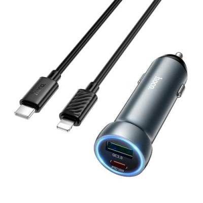 Автомобильное зарядное устройство + кабель Type-C to iphone lightning 8 pin HOCO Z54A 48W PD 30W+QC3.0 3A 1м серый металл