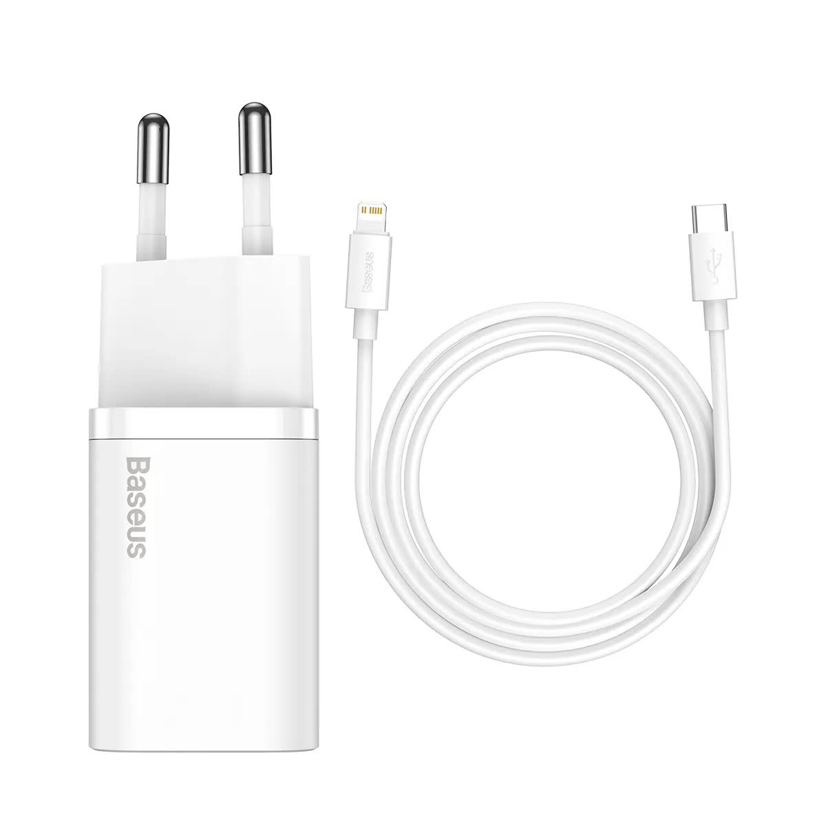 фото Сетевое зарядное устройство + кабель для iphone Lightning to Type-C Baseus Super Si Quick 1C 20W белый TZCCSUP-B02