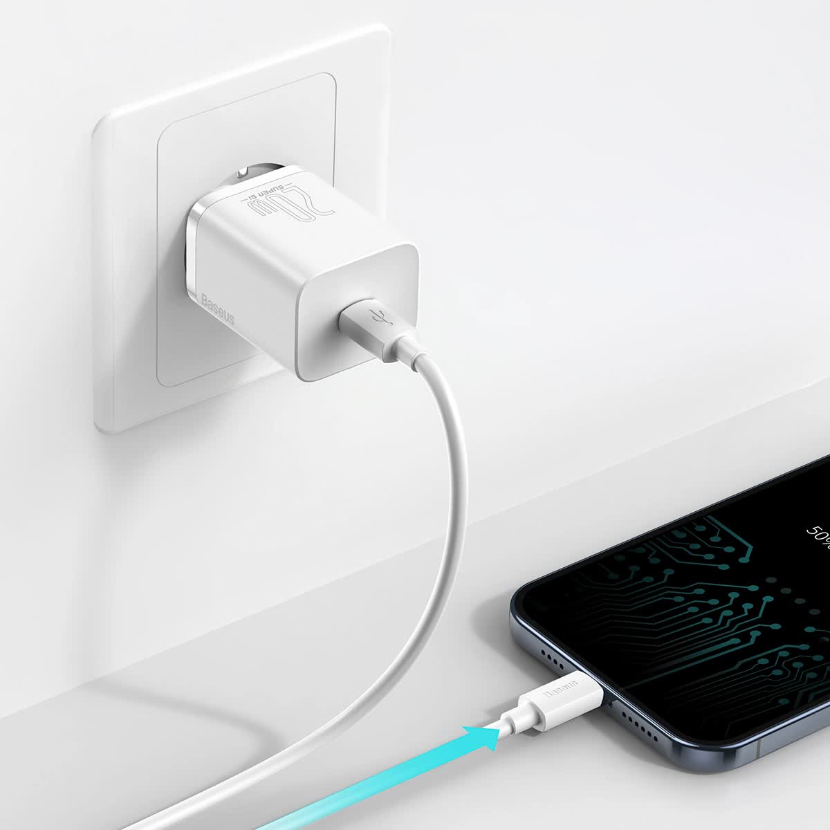 фото Сетевое зарядное устройство + кабель для iphone Lightning to Type-C Baseus Super Si Quick 1C 20W белый TZCCSUP-B02