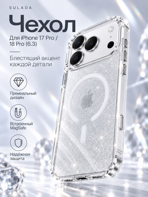 фото Чехол накладка для iphone 17 Pro/18 Pro 6.3 SULADA Crystal Shine Mag силикон+пластик с блеском с магнитом прозрачный