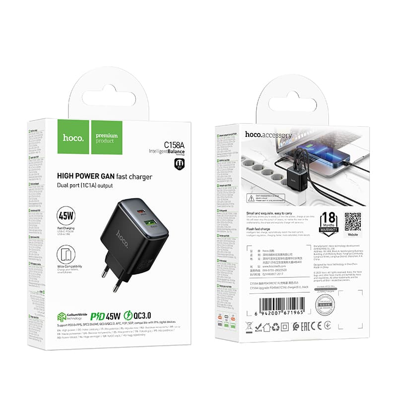 фото Сетевое зарядное устройство Адаптер Блок питания HOCO C158A PD 45W+QC3.0 / Type-C USB-C+USB черное