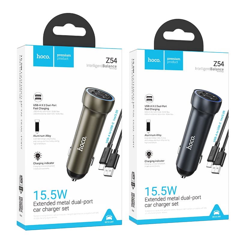 фото Автомобильное зарядное устройство + кабель Type-C USB HOCO Z54 2USB 15.5W 2,4A серый металл