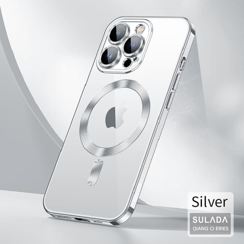 фото Чехол накладка для iphone 14 Pro Max (6.7) SULADA Qiang Ci силикон прозрачная серебряный бампер с магнитом защита линз