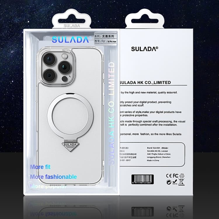 фото Чехол накладка для iphone 16 Pro Max (6.9) SULADA Ring силикон+пластик прозрачный с золотым бампером с магнитом для magsafe и кольцом держателем