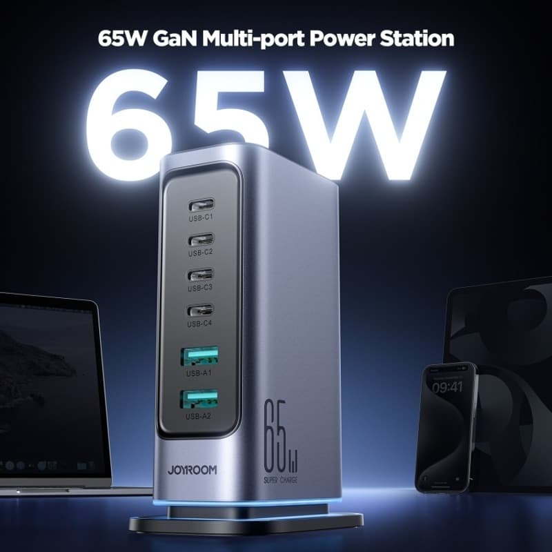 фото Сетевое зарядное устройство Адаптер Блок питания Joyroom JR-TCM02 65W GaN Multi-port PD 4Type-C USB-C+2USB настольный 1.5м темно-серый