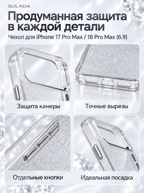 фото Чехол накладка для iphone 17 Pro/18 Pro 6.3 SULADA Crystal Shine Mag силикон+пластик с блеском с магнитом прозрачный